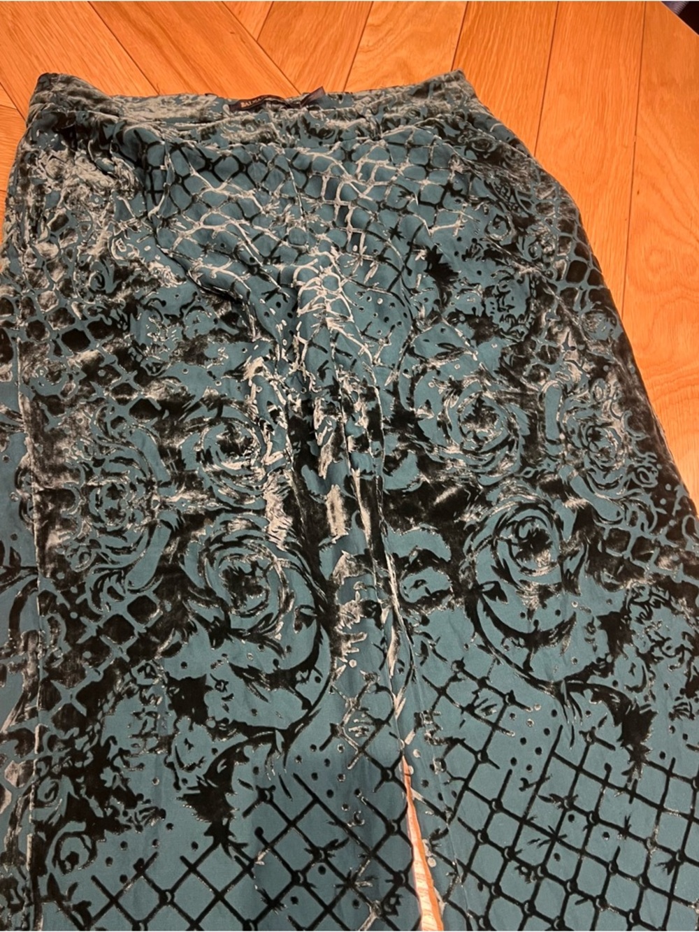 Balmain and H &M  Teal and Black Wide-Leg Velvet Jumpsuit Pants - Picture 2 of 7